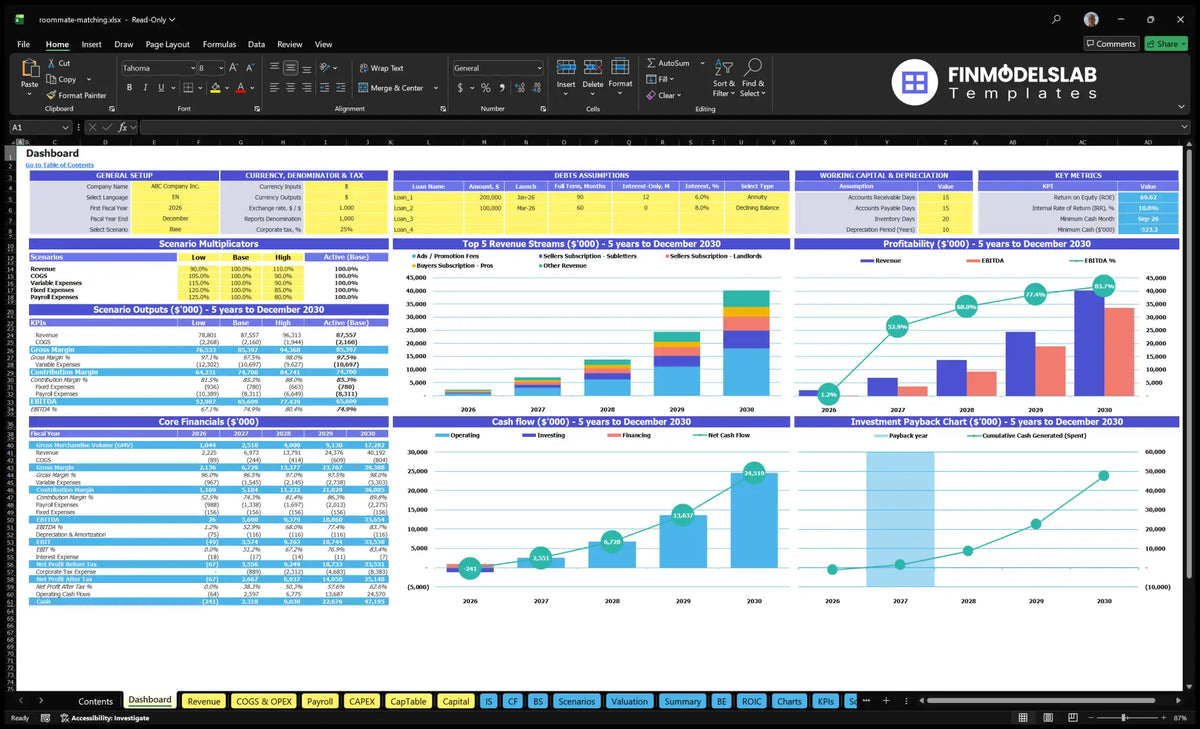Dashboard model of accommodation matching service showing model setting, scenario multipliers, results of KPI, mix of revenue, profitability, cash flow and basic finances