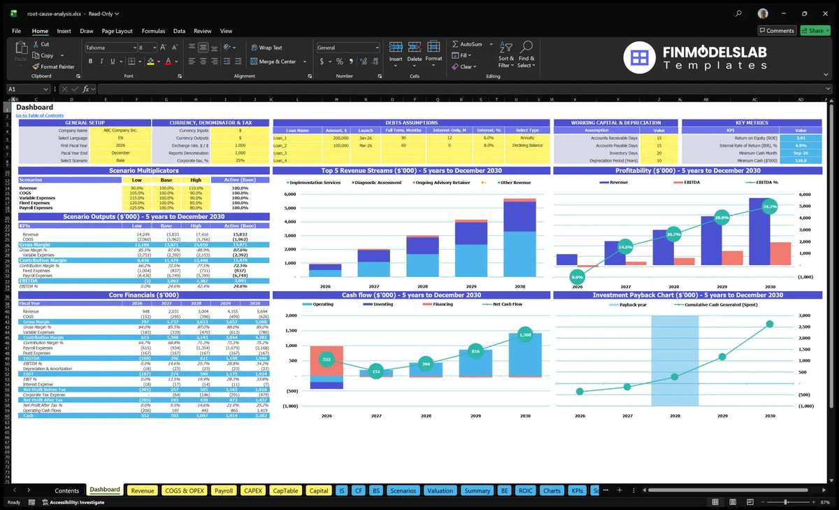 Basic Cause Analysis Consultation Dashboard showing the overall configuration, outcomes of the scenarios, key indicators, mix of revenue, profitability, cash flow and return charts