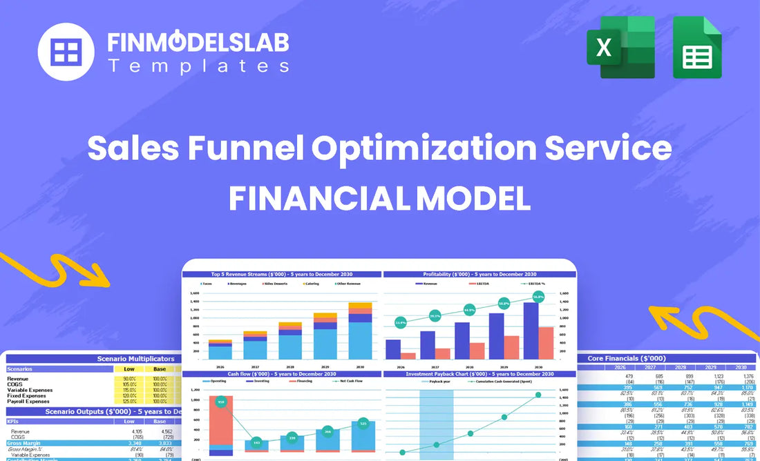 Sales Funnel Optimization Service Financial Model - overview header summarizing model purpose, key outcomes and investor-ready focus to plan funnel improvements, revenue growth and eliminate cash-flow blind spots