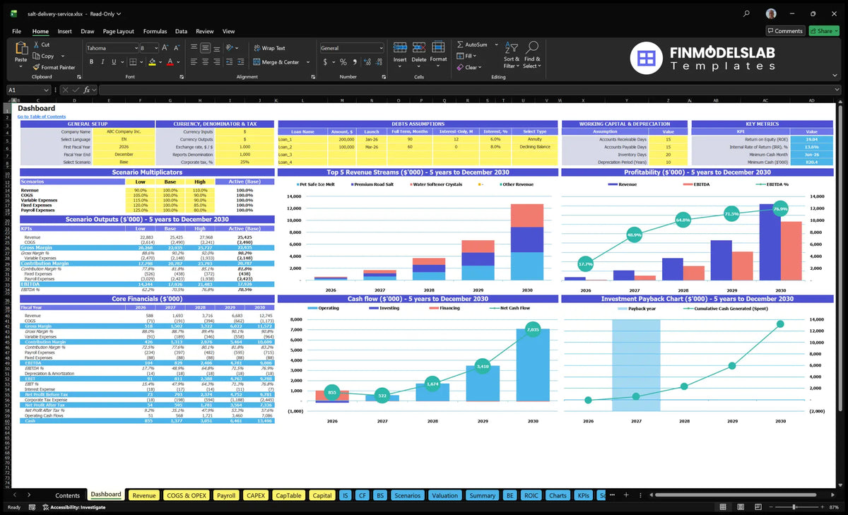 Navigation desk salt delivery services with configuration control, scenario results, basic financial data, revenue mix, profitability, cash flow and repayment charts