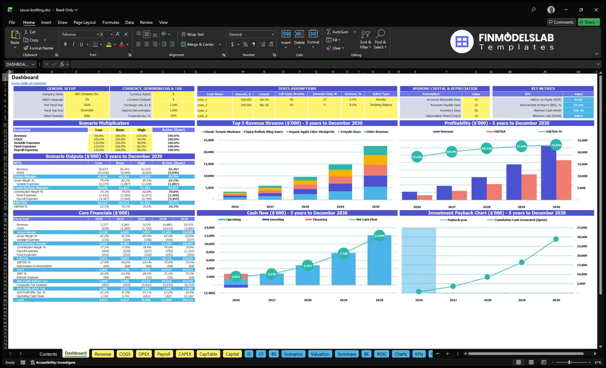 Navigation desk with overall configuration, scenario control, key indicators, revenue mix, profitability, cash flow and repayment charts
