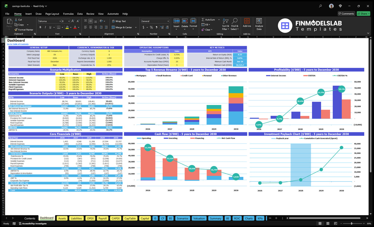 Savings Bank Financial Model Dashboard with scenario control, revenue streams, profitability, cash flow and return charts