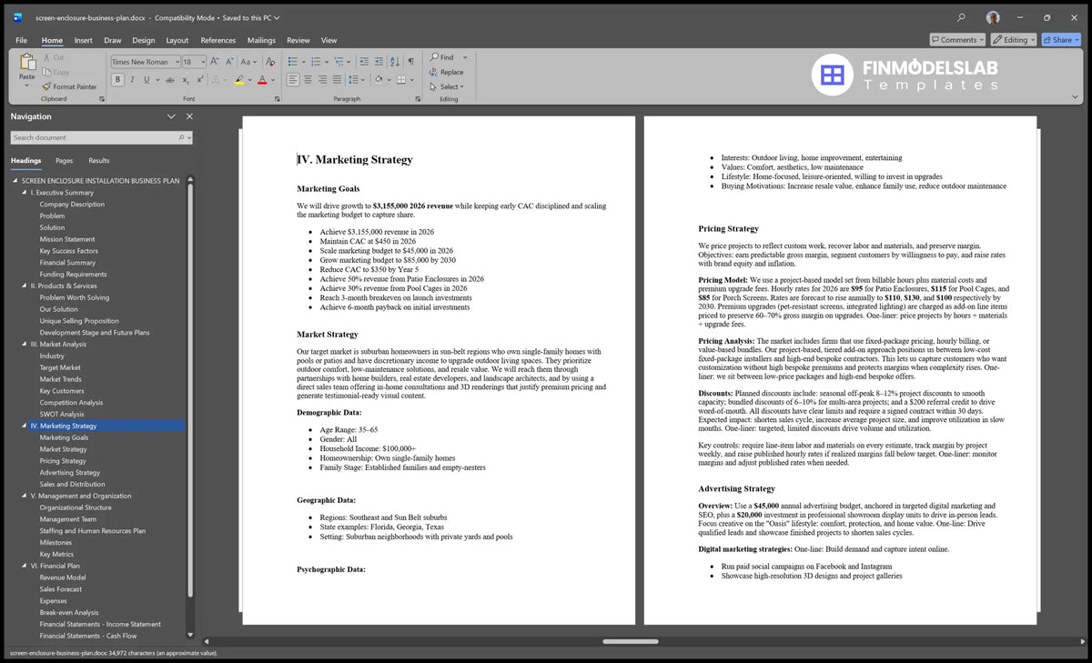 Editable Screen Enclosure Business Plan Template