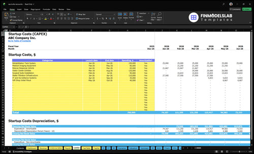 Sea Turtle Rescue and Rehabilitation Financial Model capex inputs showing capital expenditure items and timelines, letting users customize startup and equipment costs, depreciation schedules, and funding needs for scenario-ready planning.