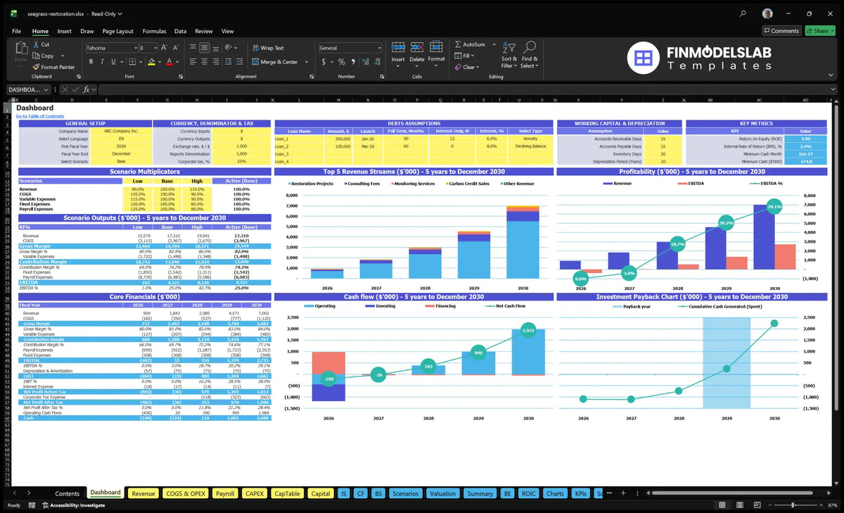 Navigation desk of the Seagrass reconstruction financial model with configuration controls, scenario multipliers, KPI tables, revenue, profitability, cash flow and repayment charts