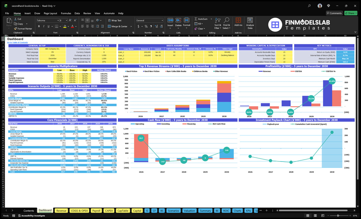 Basic book table with general configuration, currency and tax controls, scenario multipliers, basic finance, mix of revenue, profitability, cash flow and repayment charts