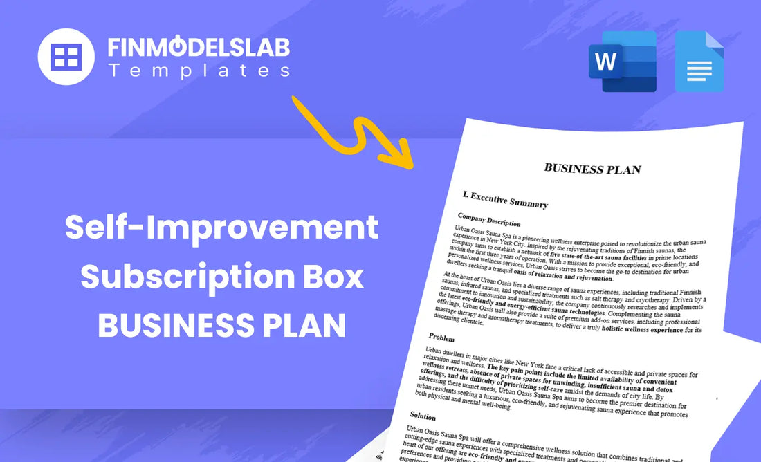 Self-Improvement Subscription Box Business Plan template for founders launching a curated monthly box; includes pre-written content, investor-ready formatting, customizable in Word, saves time and meets lender/investor standards.