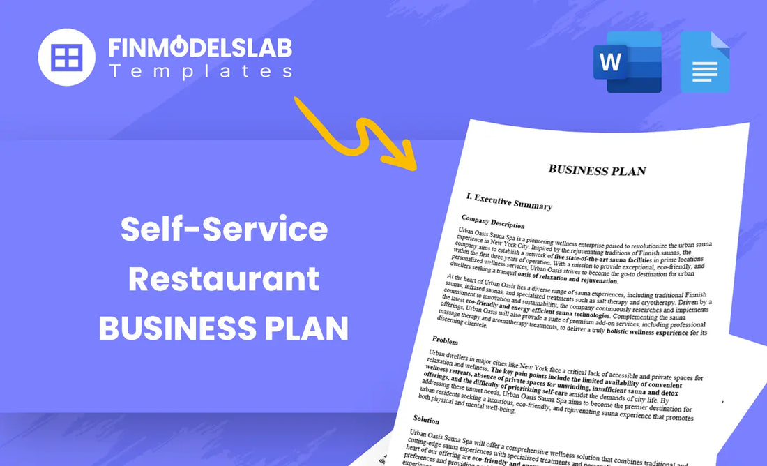 Self-Service Restaurant Business Plan template for entrepreneurs launching automated dining concepts, built to streamline planning and meet investor/lender standards; includes pre-written content, customizable in Word, comprehensive structure; saves time and reduces consultant costs and overwhelm.