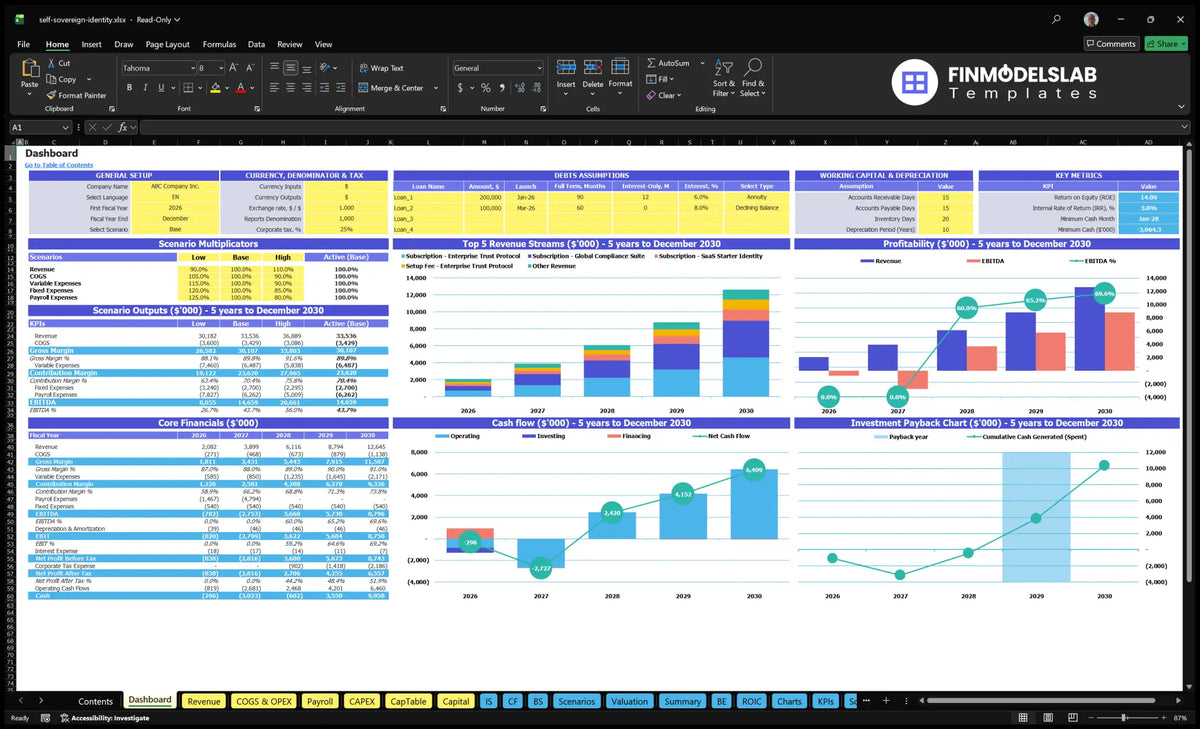 Basic identification solutions of the Autonomous Navigation Desktop showing configuration controls, assumptions on debt and working capital, scenario results, key indicators, revenue mix, profitability, cash flow, basic financial data and repayment