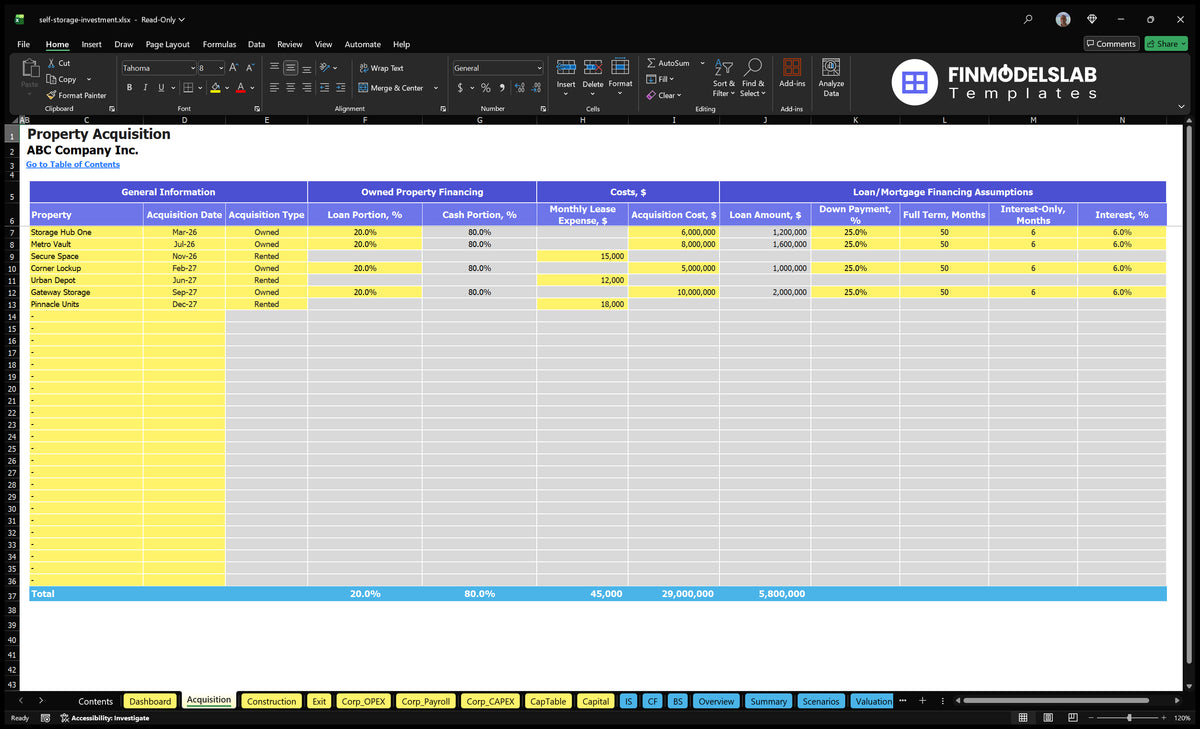 Self Storage Investment Financial Model Template (Excel)
