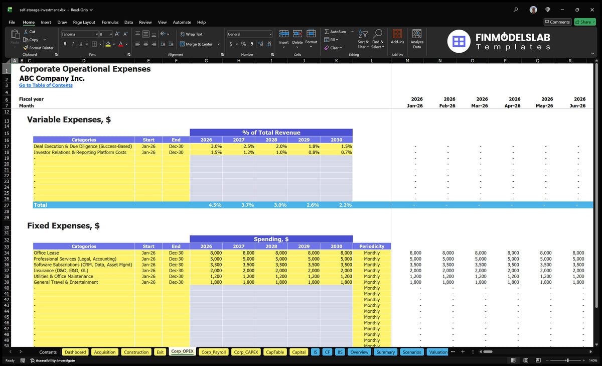 The Equipment-Storage Investment Corp_OPEX worksheet presents variable expenditure in percentage of total revenue and planned fixed operating expenditure.