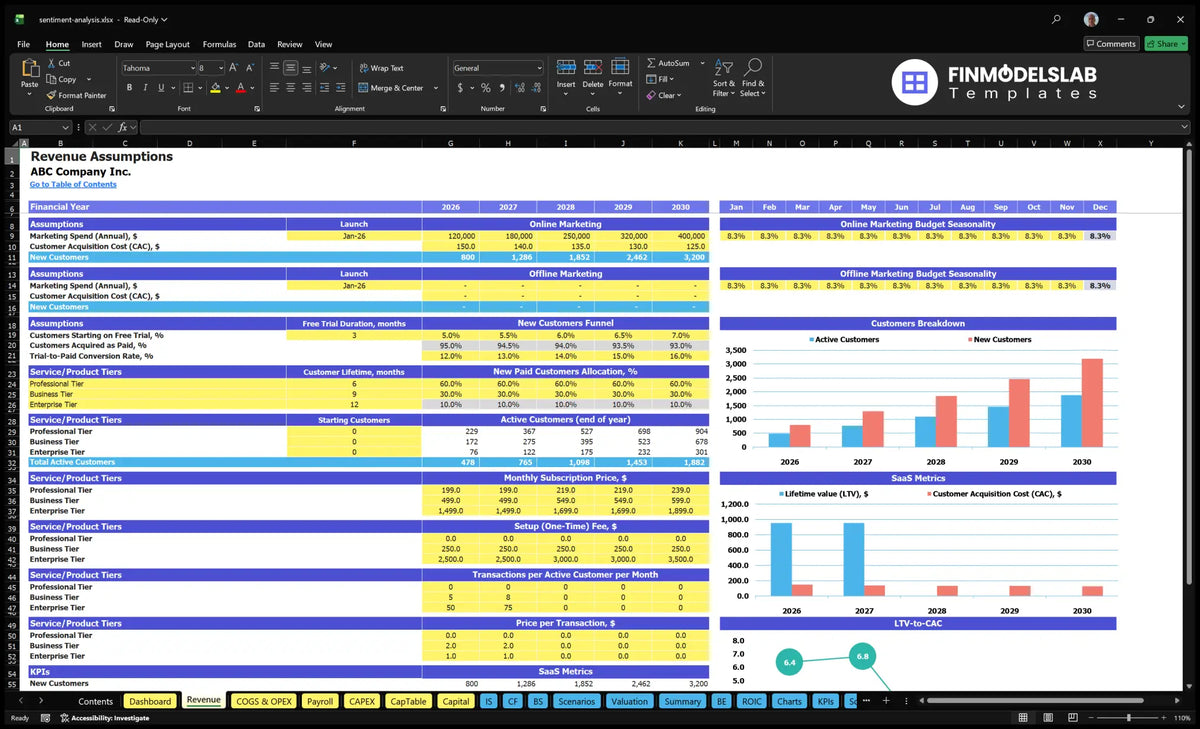 Analysis of the composition of Software Revenue Establishment of the marketing sheet, CAC, trial conversion, plan mix, subscription prices and indicators SaaS