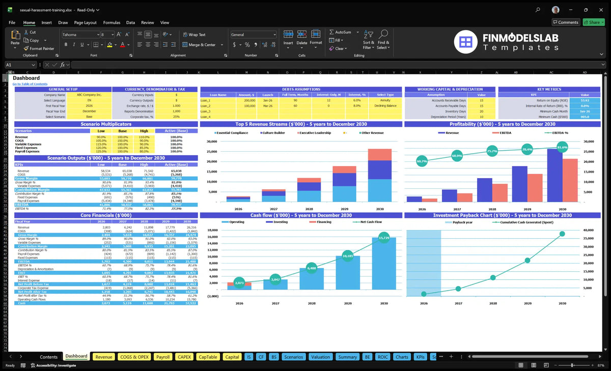 The table calculation sheet showing the model configuration controls, multiple scenarios, key indicators, basic financial data, revenue mix, profitability, cash flow and return charts