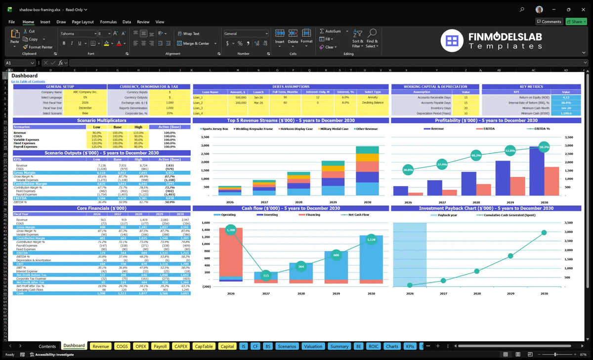 The spreadsheet of the navigation desktop showing the setting of the model, the multipliers of scenarios, key indicators, basic financial data, highest revenue sources, profitability, cash flow and return charts