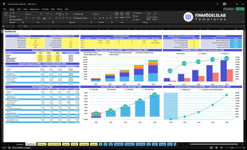 Shared Services Center Consulting Financial Model dashboard summarizes key KPIs, runway/cash position and performance with a dynamic dashboard, helping eliminate cash-flow blind spots and present investor-ready metrics.