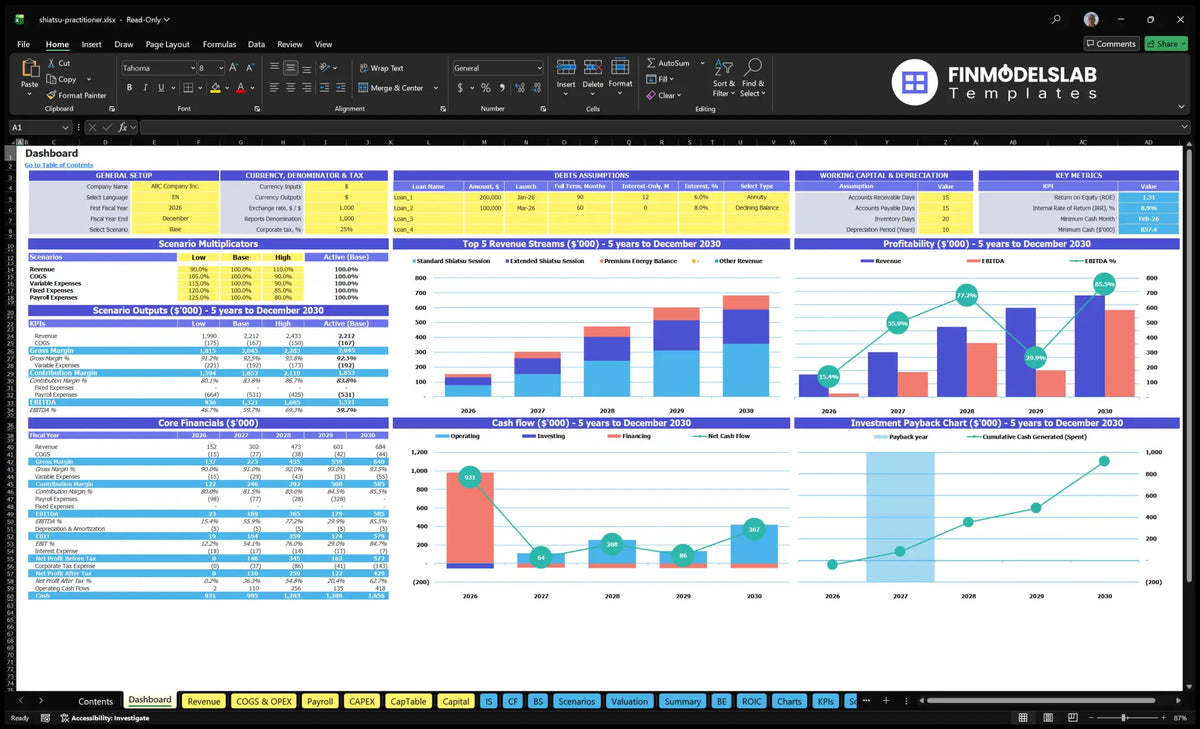 Shiatsu Massage Practice navigation desktop with model setting, scenario control, KPIs, revenue mix, profitability, cash flow and repayment charts