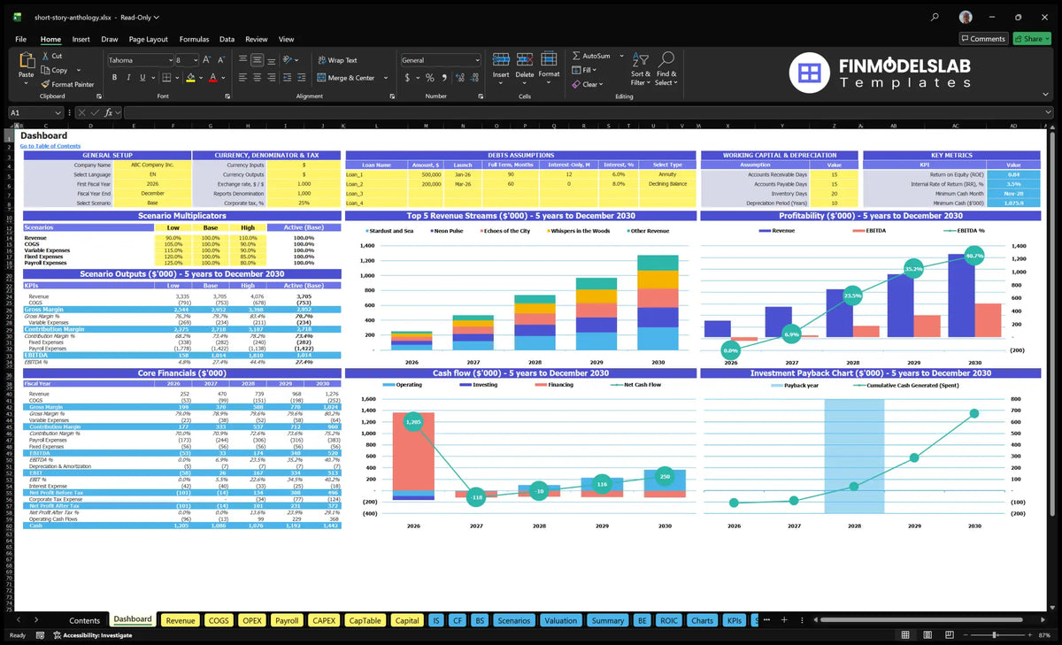 The table of calculation of the navigational desktop showing the model setting, the multipliers of scenarios, the underlying financial data, the main sources of anthology revenue, profitability, cash flow and return charts