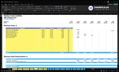 Shower Door Installation Service Financial Model capex inputs tab showing capital expenditure categories and timelines, letting users customize equipment, installation tools, and one‑time startup investments for scenario-ready projections.