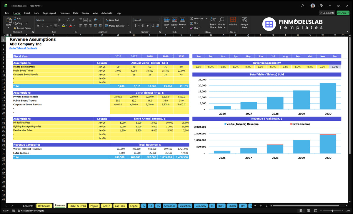 Silent Disco Worksheet income shows private rental, public ticket, corporate event, price, seasonality, additional income and revenue