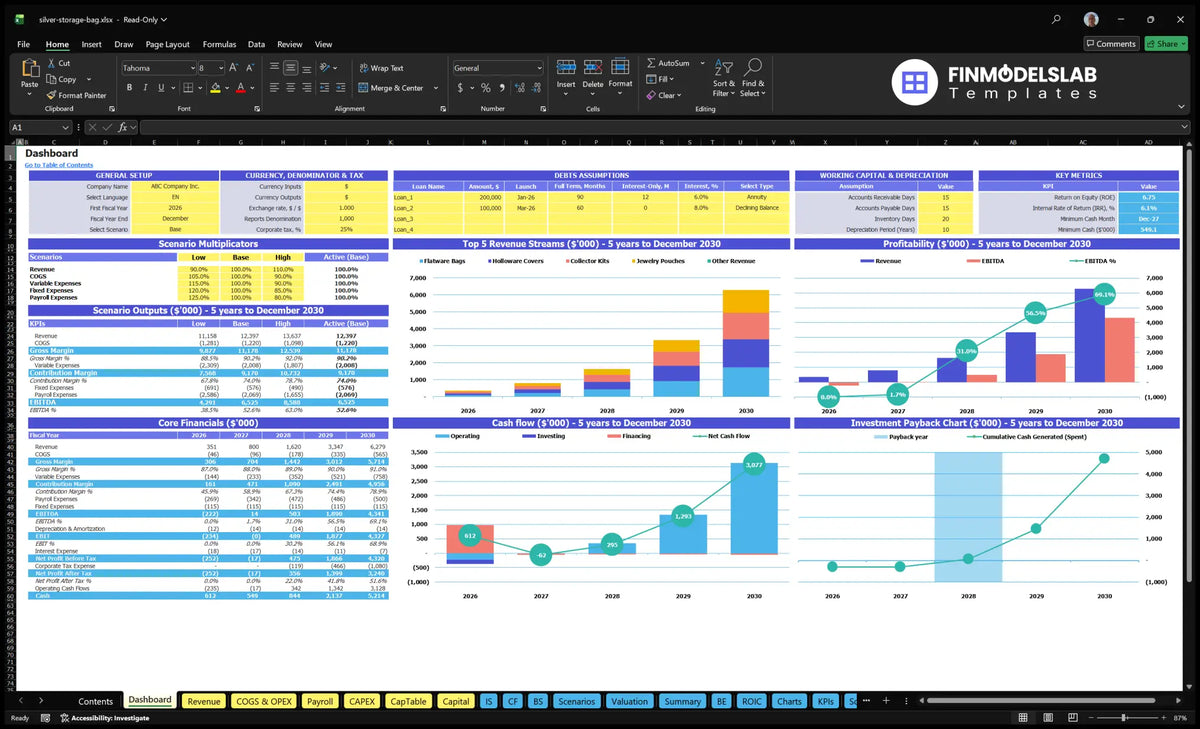 Dashboard for the sale of silver storage bags containing general assumptions, assumptions regarding debt and working capital, scenario multipliers, KPI tables, mix of revenue, profitability, cash flow and payback period charts.