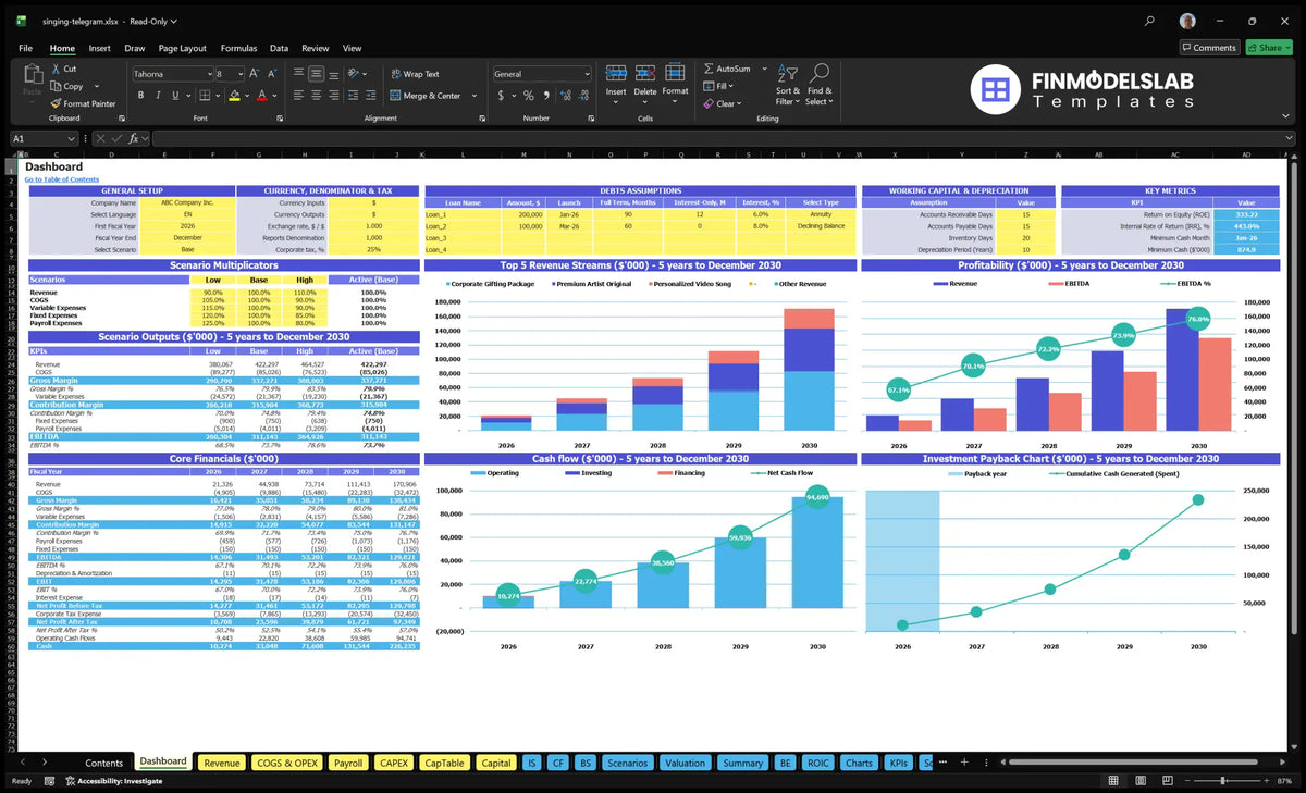 Singer Telegram Service Desktop with global configuration, multiple scenarios, revenue mix, profitability, cash flow, basic financial data and repayment charts