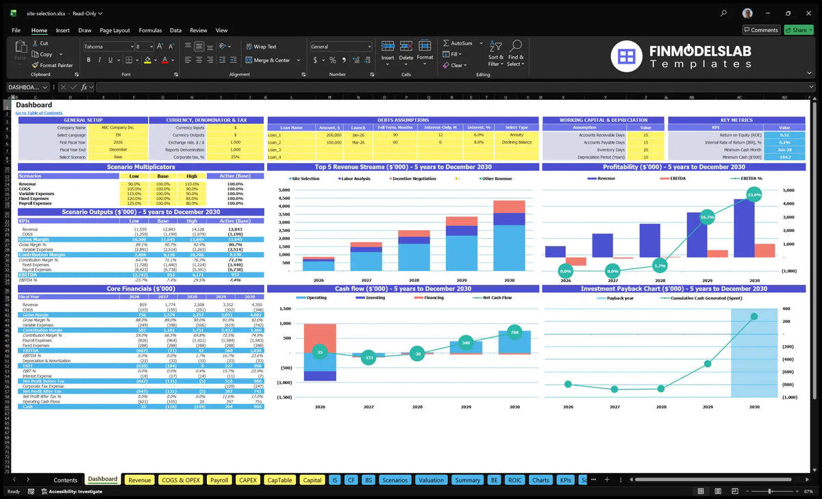 Dashboard for location selection services showing global settings, assumptions for debt and working capital, scenario multipliers, KPIs, mix of revenue, profitability, cash flow and return on investment charts.