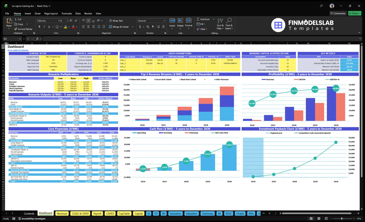 Six Sigma training navigation desktop showing multiple scenarios, KPIs, basic financial data, revenue mix, profitability, cash flow and return charts