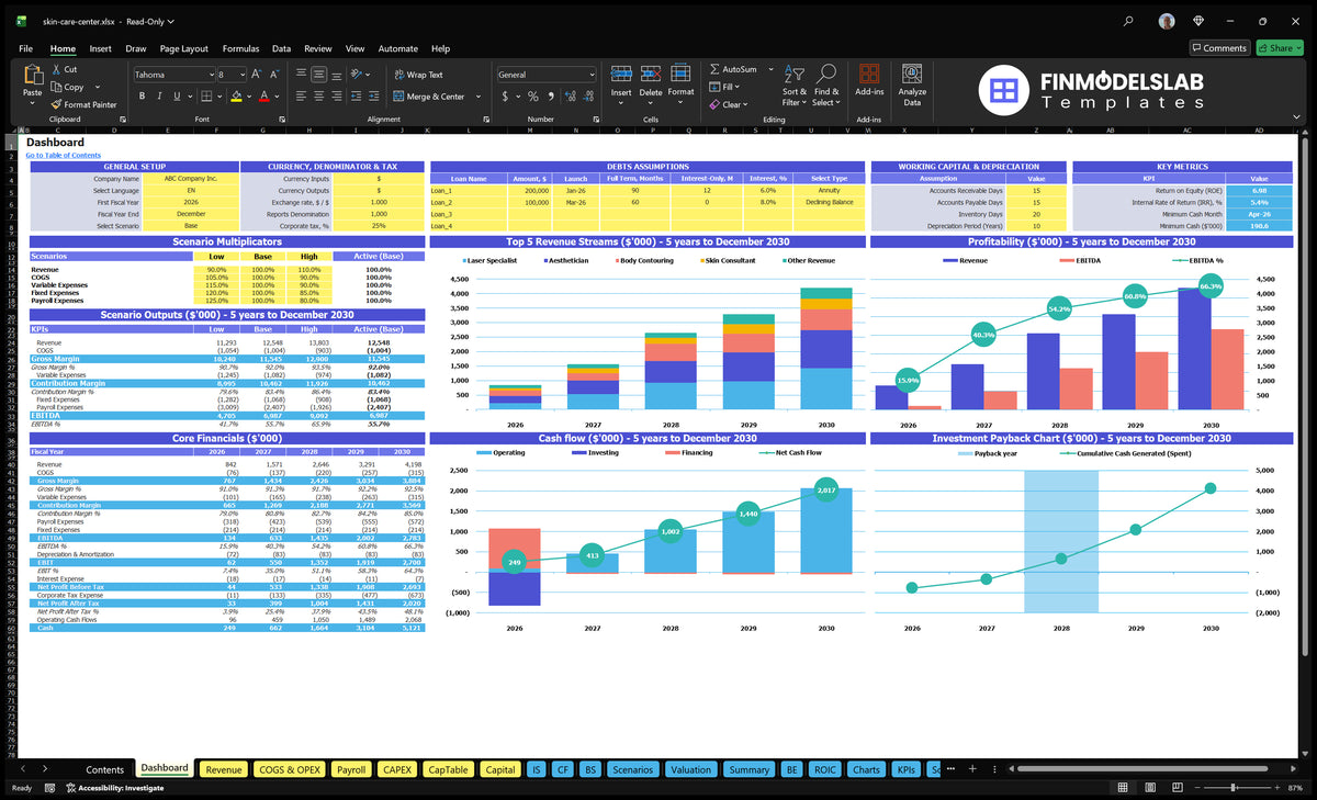 The Skin Care Clinic financial model navigation desk showing scenario control, basic financial data, revenue mix, profitability, cash flow and return on investment