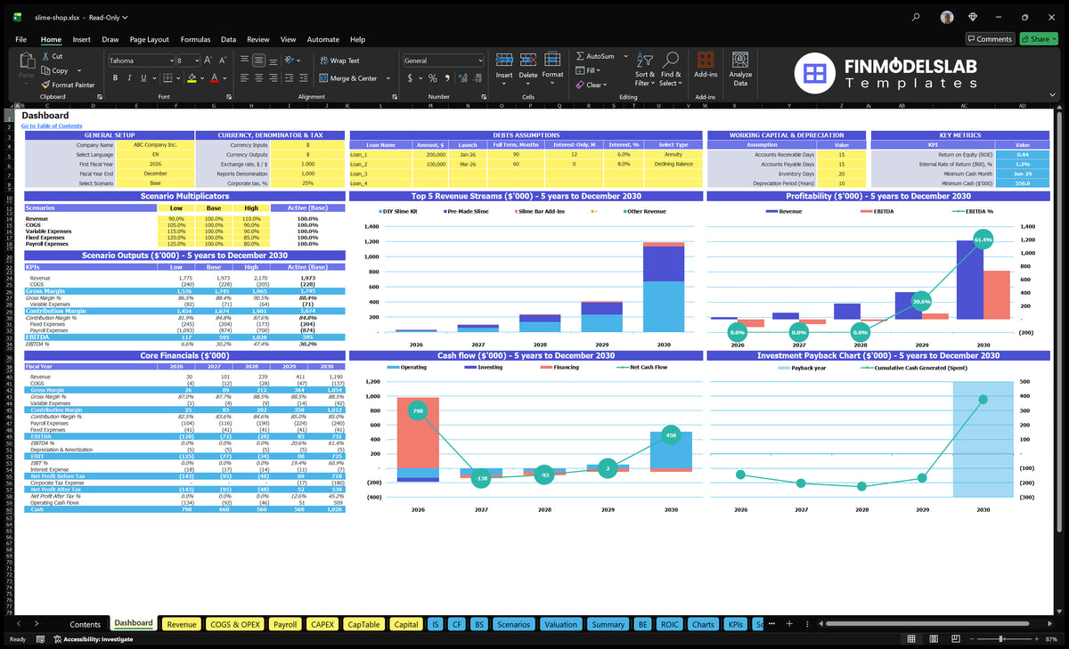 Worksheet table with scenario multipliers, basic finances, mix of revenue, profitability, cash flow and return on investment charts