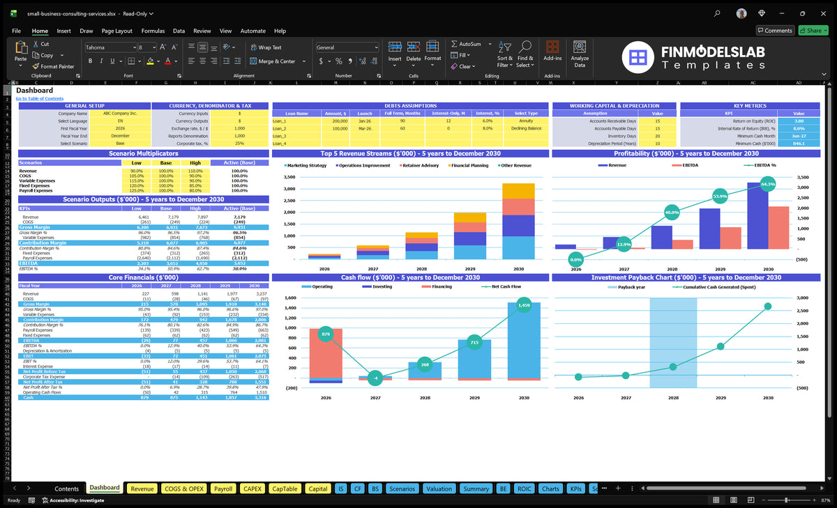 Small business advisory Dashboard with model setting, scenario control, basic finances, revenue, profitability, cash flow and return on investment charts