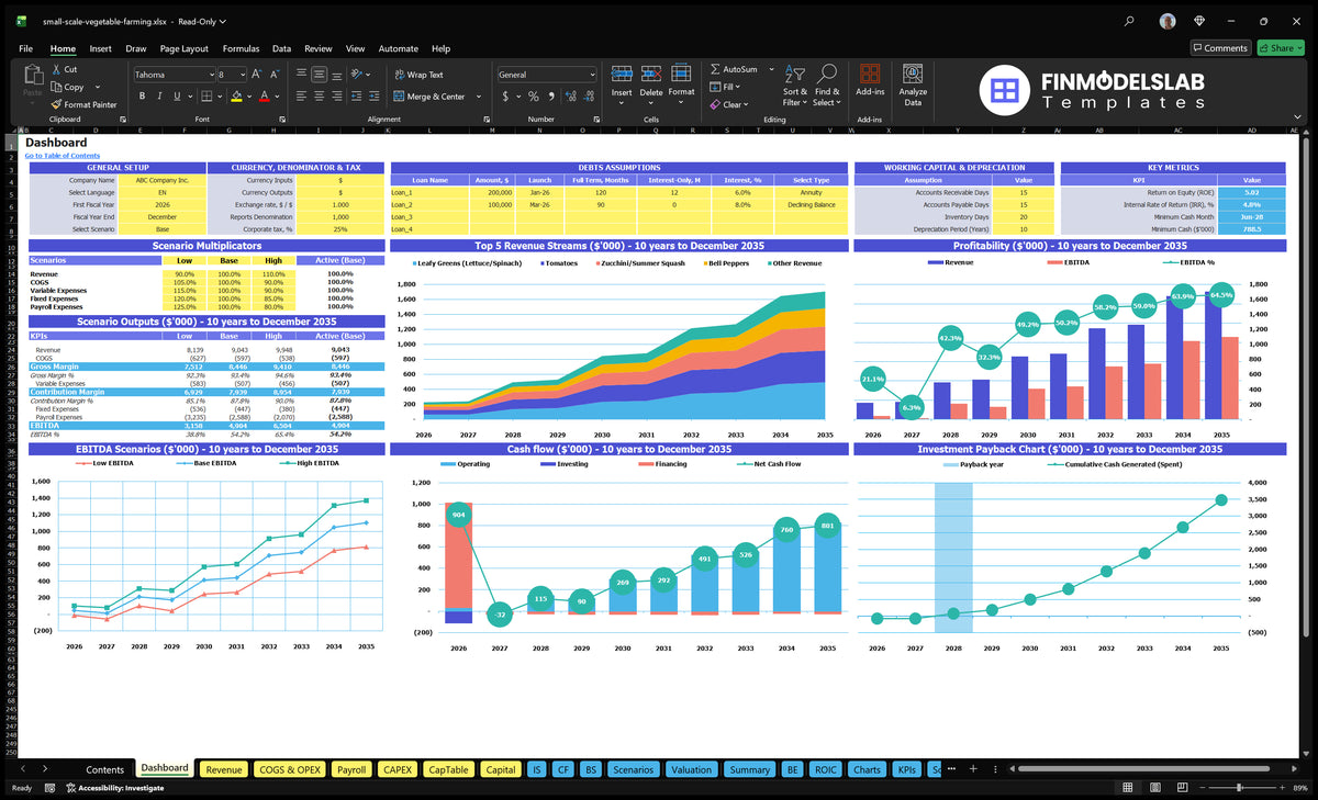 Dashboard showing control of scenarios, revenue mix, profitability, cash flow, return on investment and key performance indicators