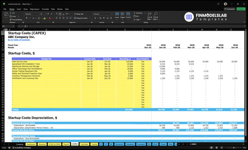 Smoke Barrier Installation Financial Model capex inputs showing capital expenditure items and timelines, letting users customize equipment, installation, and setup costs for scenario-ready, fully customizable projections.