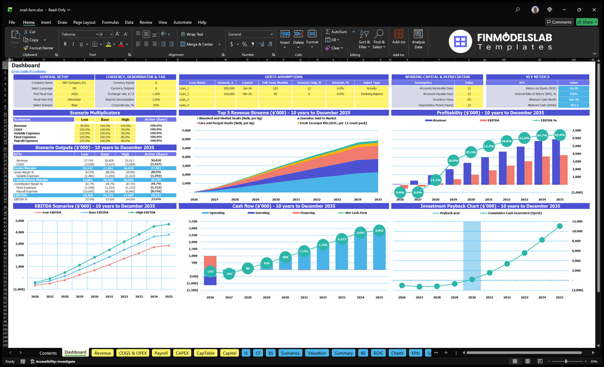 Dashboard of the financial model for the breeding of snails with scenario control, debt assumptions, key indicators, mix of revenue, profitability, cash flow, EBITDA and repayment charts