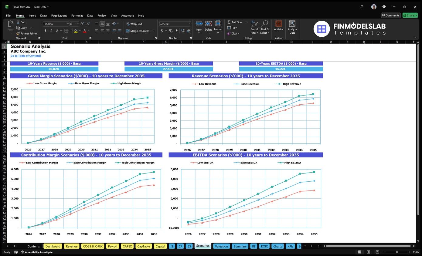 Worksheet financial scenarios for the breeding of snails comparing small, basic and high revenue, gross margins, contribution margins and EBITDA charts