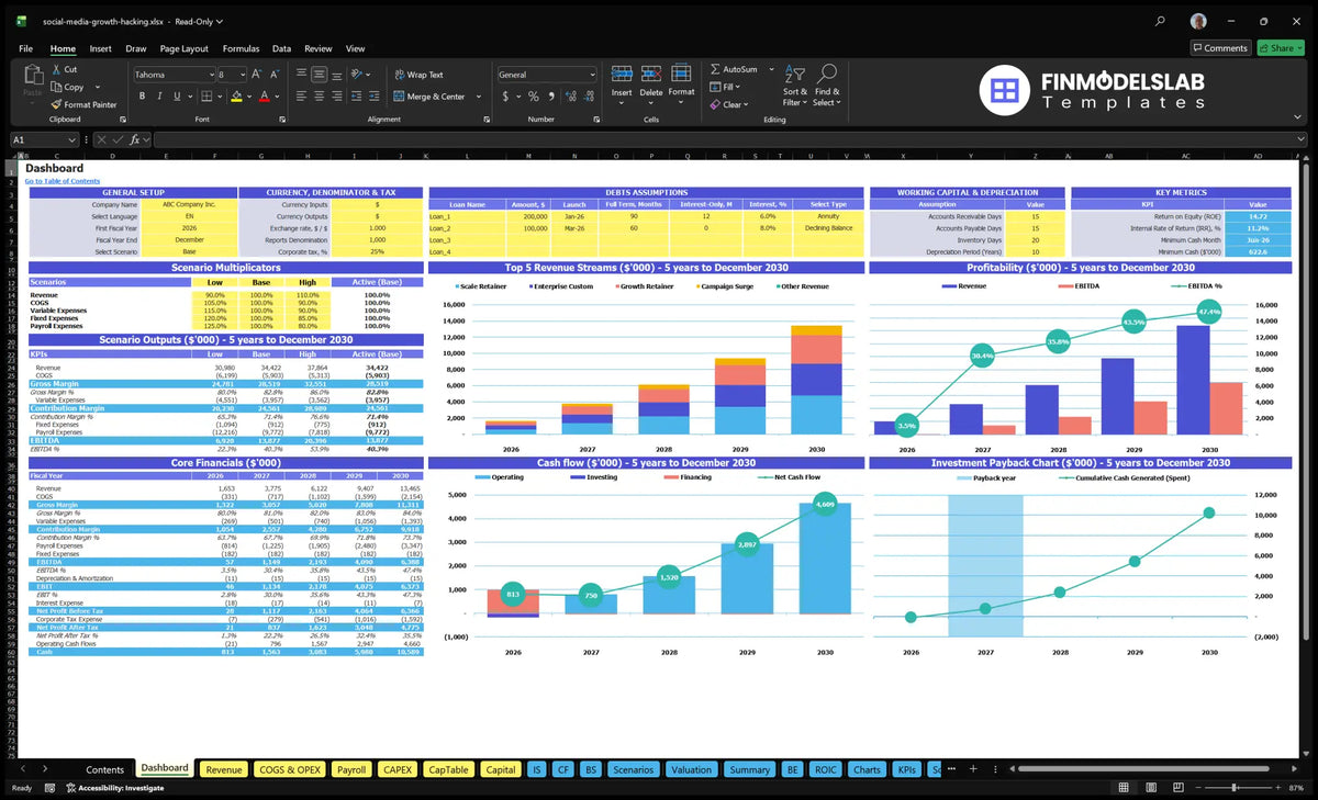 A navigational desktop for the financial model of the social media growth hacking service showing configuration controls, scenario results, revenue mix, profitability, cash flow and return on investment.