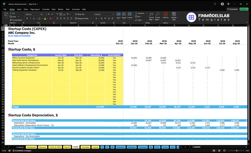 Software Development Financial Model capex inputs showing customizable capital expenditure items and timelines, letting users define hardware, software licenses, and capital projects for scenario-ready projections.