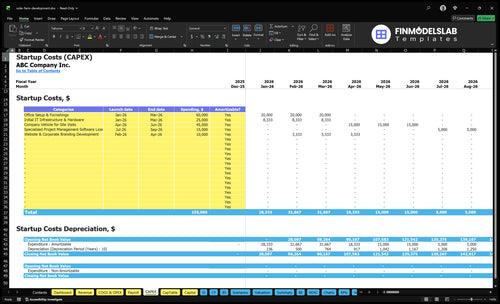 Solar Farm Development Financial Model capex inputs showing customizable capital expenditure items and timelines, letting users define equipment, installation, land and grid connection costs for scenario-ready projections