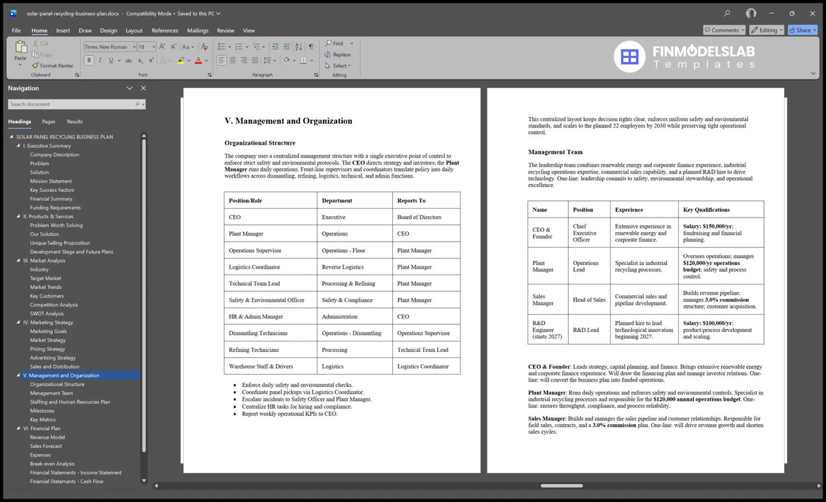 Solar Panel Recycling Business Plan Template (Word)