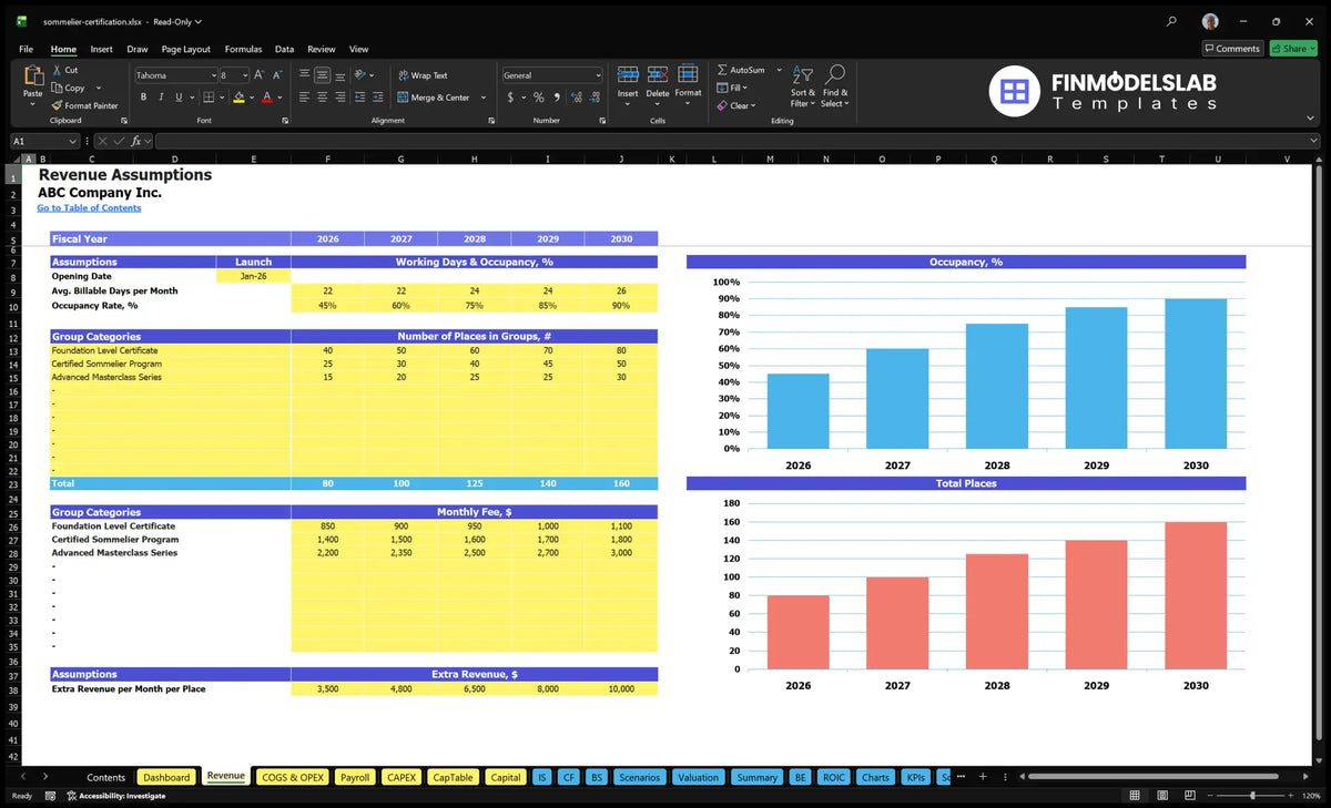 Sommelier certification programme Revenue projections worksheet with occupation, places by group, monthly fees and additional revenue introductions