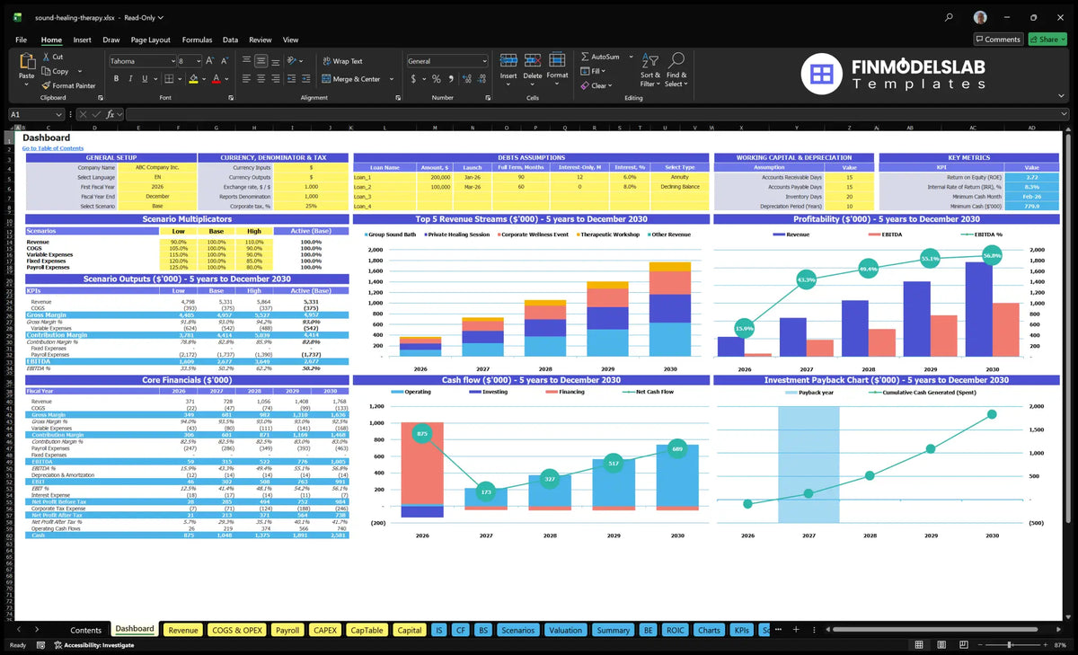 Navigational desktop of sound therapy practices with configuration control, multiple scenarios, financial results, revenue mix, profitability, cash flow and return charts