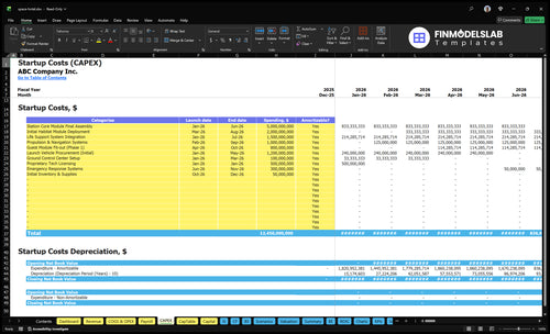 Space Hotel Financial Model capex inputs showing capital expenditure categories and timelines, letting users customize build-out costs, equipment spending and launch investments for scenario-ready projections.