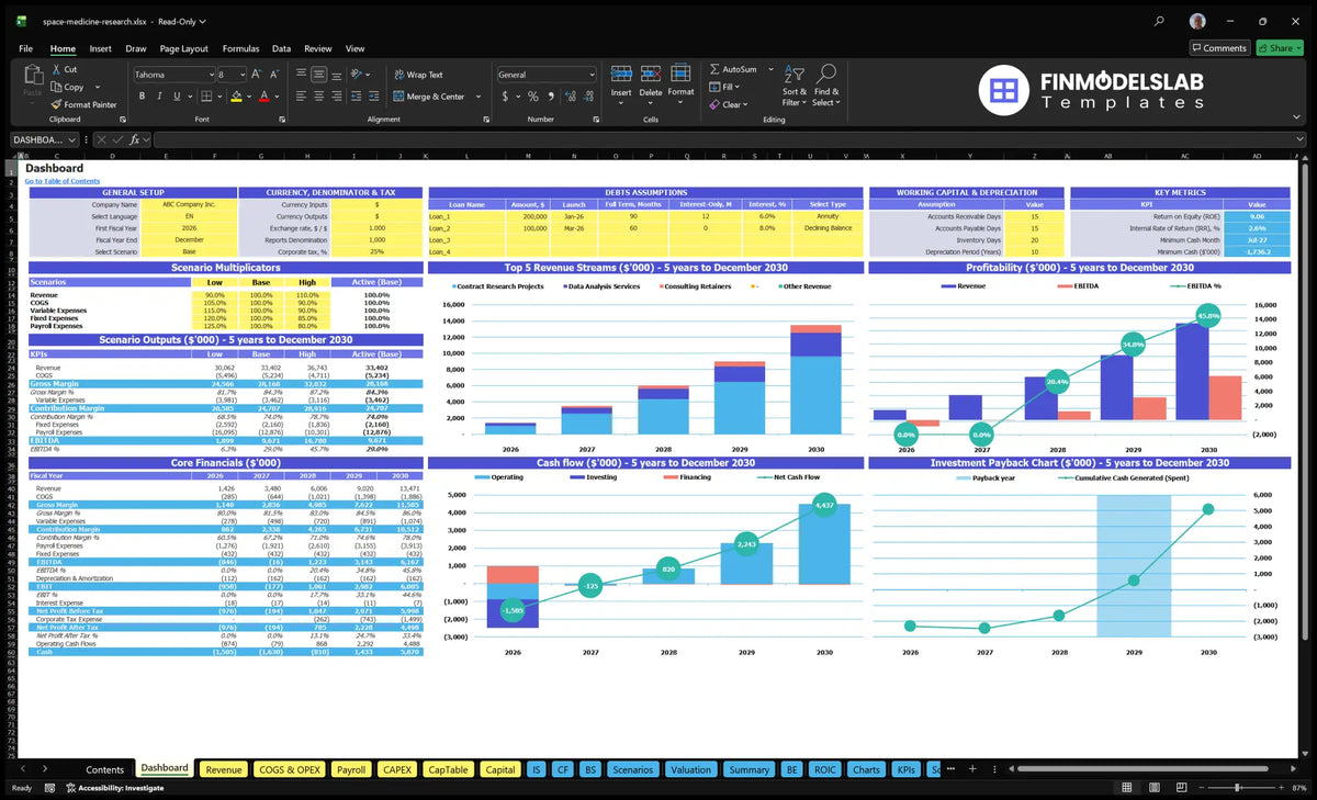 Navigation desk showing scenario, assumptions on debt and working capital, highest sources of revenue, profitability, cash flow, key indicators and recovery period charts