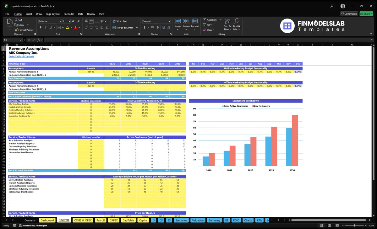 The spreadsheet of revenue assumptions including marketing budget, CAC, client allocation, active customers, invoicing hours and hourly rates for spatial data analysis services