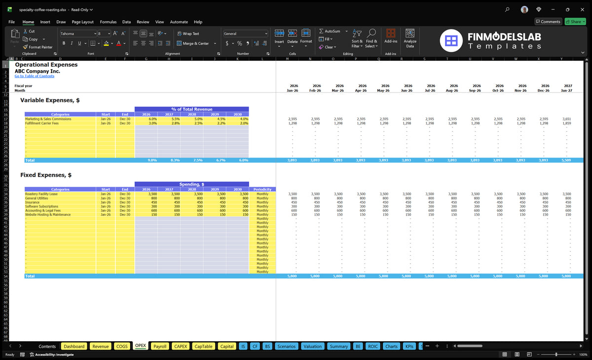 Speciality Roasting Coffee OPEX spreadsheet showing variable and fixed operating costs, time, annual assumptions of expenditure and monthly forecasts
