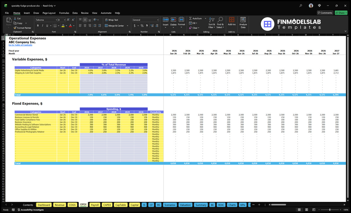 The OPEX worksheet shows variable expenditure in percentage of total revenue, fixed expenditure schedules, timetables, periodicity and monthly calculation of operating costs.
