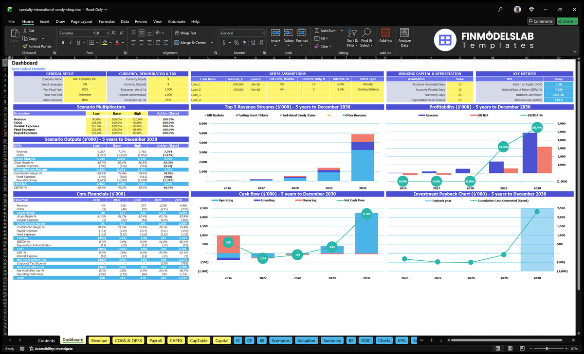 Navigation desk showing general setting, multiple scenarios, basic financial data, highest sources of revenue, profitability, cash flow and return charts.