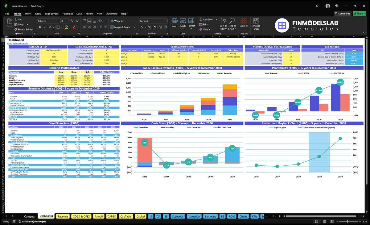 Basic financial model Spice Shop with scenario control, key indicators, mix of revenue, profitability, cash flow, basic finances and repayment charts
