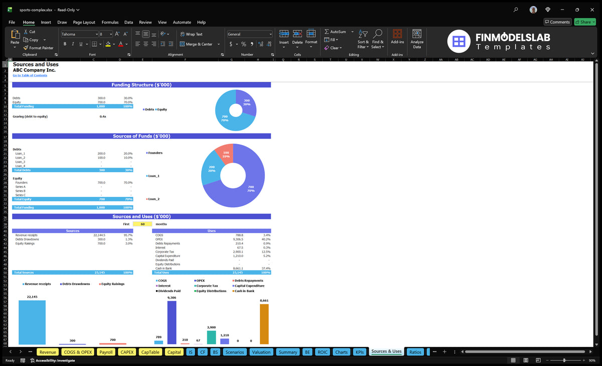 Sports Complex Excel Financial Model for Startups