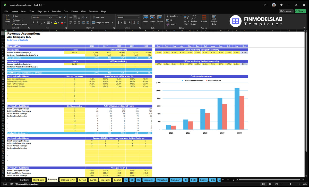 Article revenue showing marketing budgets, CAC, service allocation, customer usage period, active customers, billable hours and hourly rates