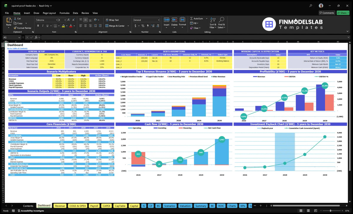 Table with general setting, scenario multipliers, revenue mix, profitability, cash flow, finance and return on investment